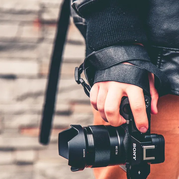 A hand holding a camera by its strap