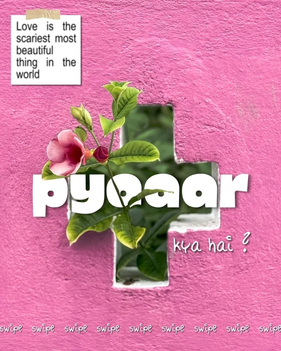 A flowering vine growing through a cross-shaped opening in a pink wall, titled pyaar kya hai?