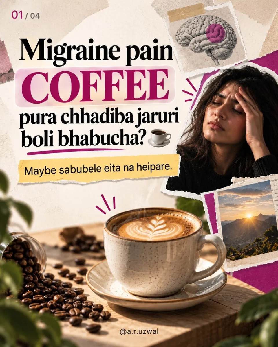 A carousel cover asking whether coffee has to go for migraine, with a latte and a woman holding her head