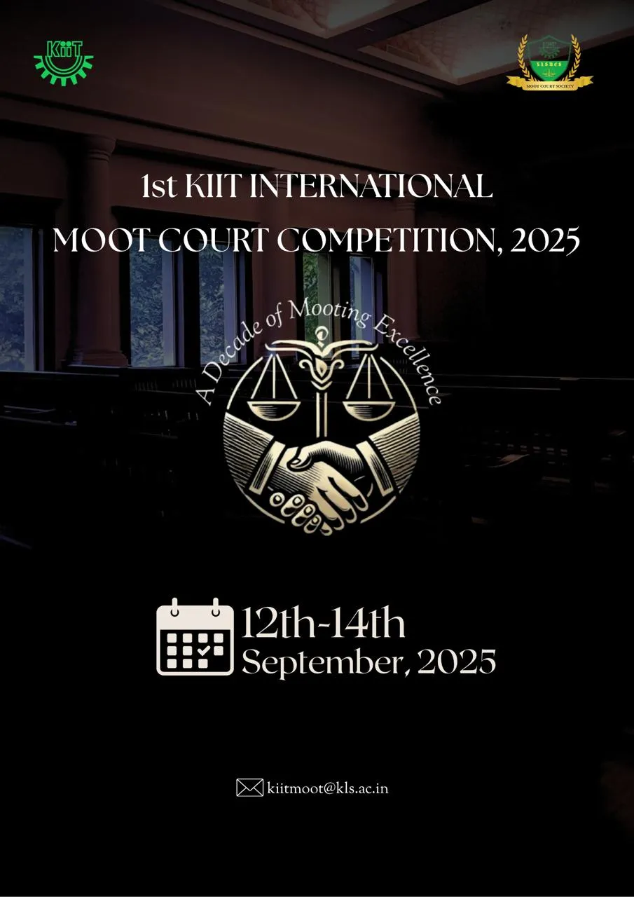 Poster for the 1st KIIT International Moot Court Competition, 2025, over a dim courtroom with a scales-and-handshake emblem