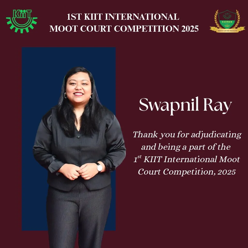 Appreciation poster thanking adjudicator Swapnil Ray, her portrait on a navy panel against maroon